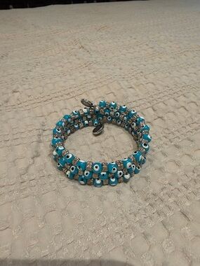 Turquoise Blue and Silver Tone Coil Bracelet - Women's Jewelry